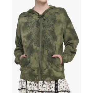 Thorn & Fable Fairy Wings Green Tie Dye Y2K Zip Hoodie Fairy Grunge Whimsigoth L